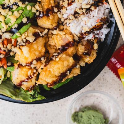 Shrimp tempura bowl, closeup.