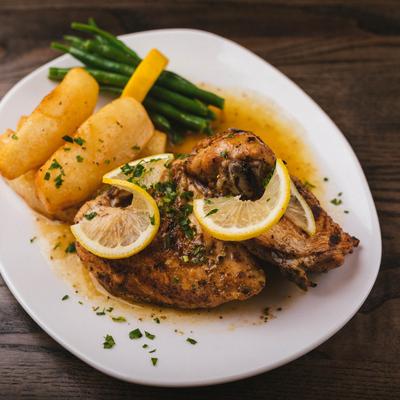 Marinated chicken with veggies and lemon.
