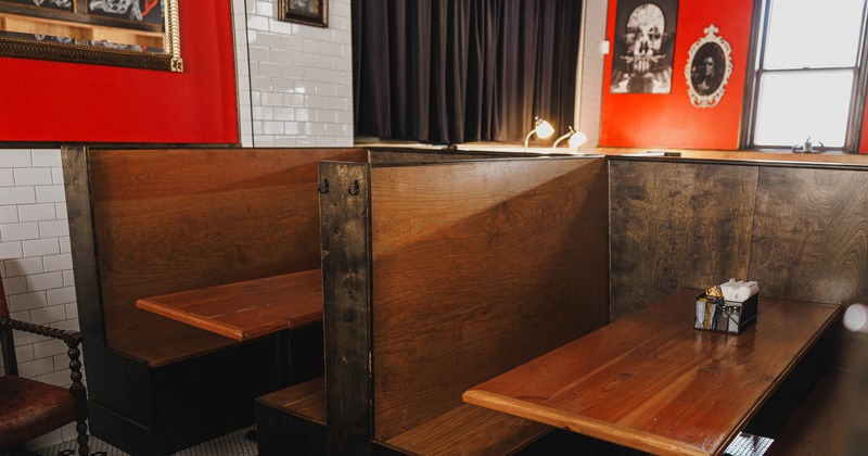 Interior, wooden restaurant booths