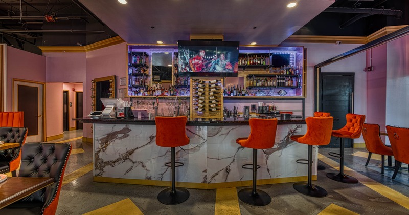 Interior, bar area, bar and bar stools