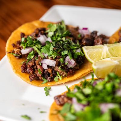Steak tacos, close up.