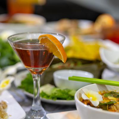 Various food and drinks, closeup.