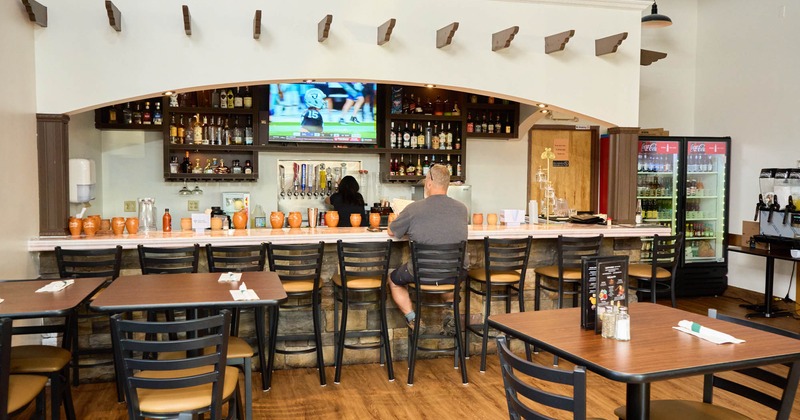 Interior, bar area, bar and bar stools