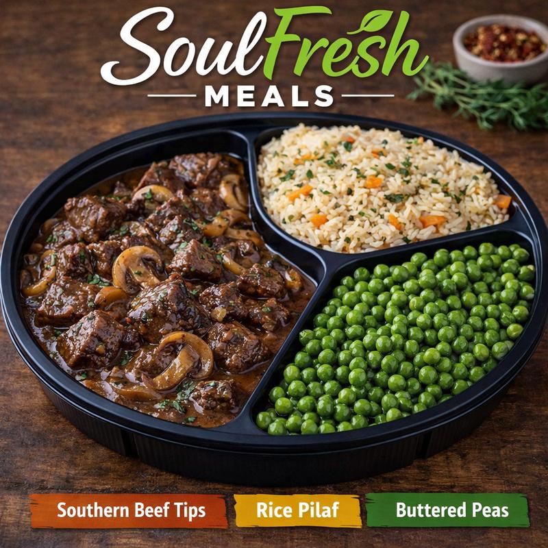menu item 16 of 43, Southern Beef Tips | Rice Pilaf | Buttered Peas