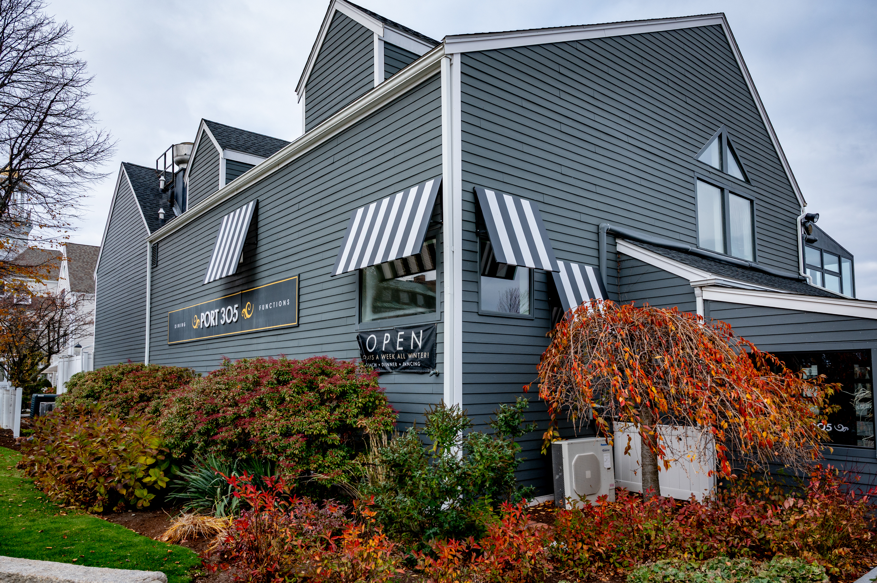 Exterior, corner view to restaurant