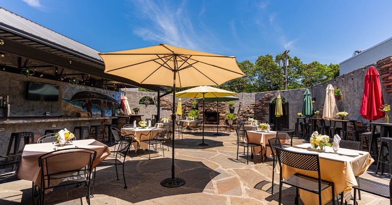 Exterior, tables and chairs ready for guests
