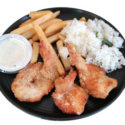 Kids Shrimps with sides of fries, rice and a dipping sauce.