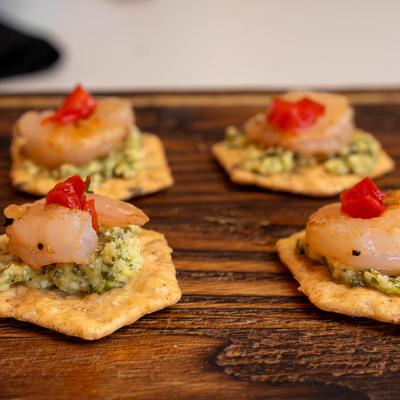 Shrimp Pesto on rice crackers.