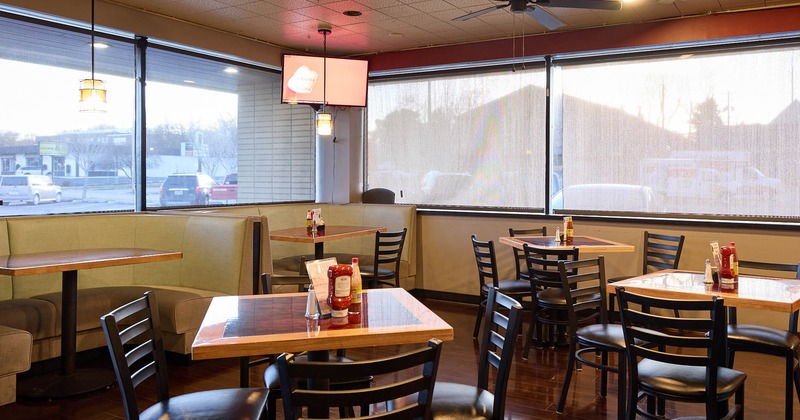 Diner area, tables and chairs, wide view