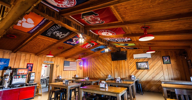 Interior, wide view to diner area, tables and chairs