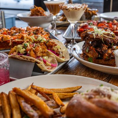 Assorted food and drinks.