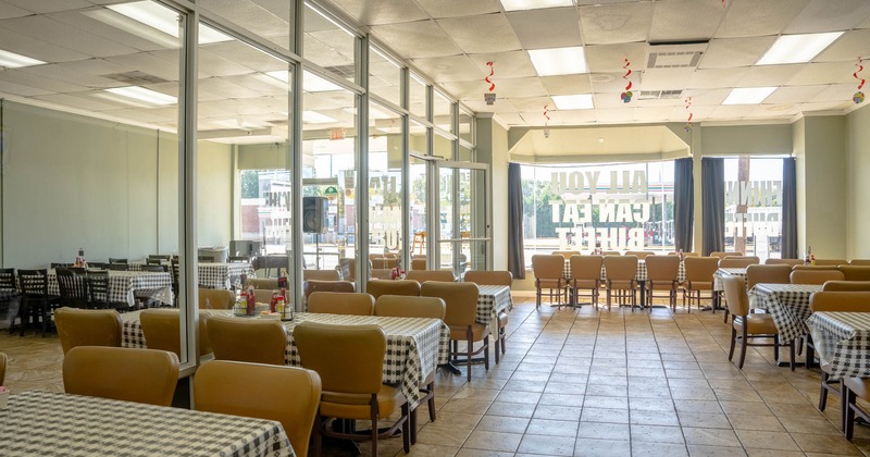 Interior, lined up tables and seats