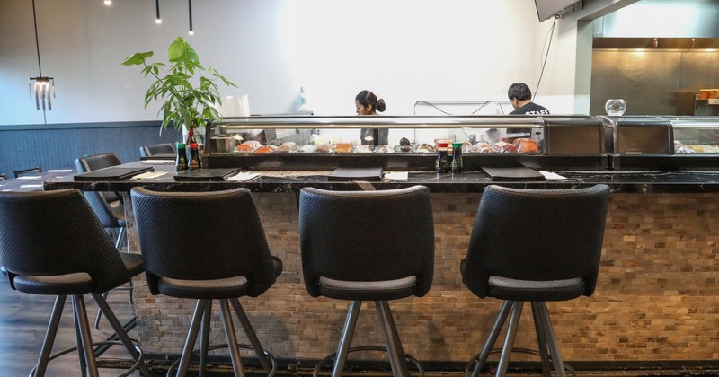 Interior dining space with high stools