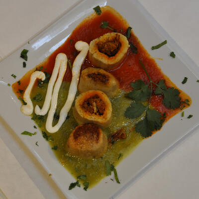 Rolled vegetables with two dips