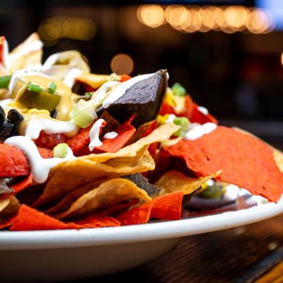 Portion of Pub Nachos, close-up.