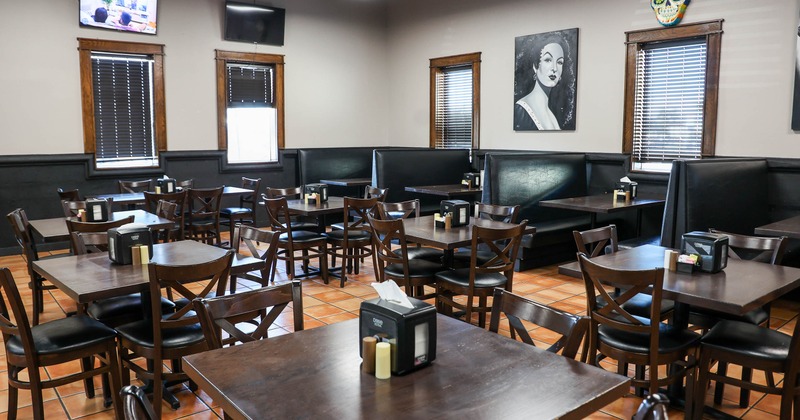 Interior, restaurant booths in dining area