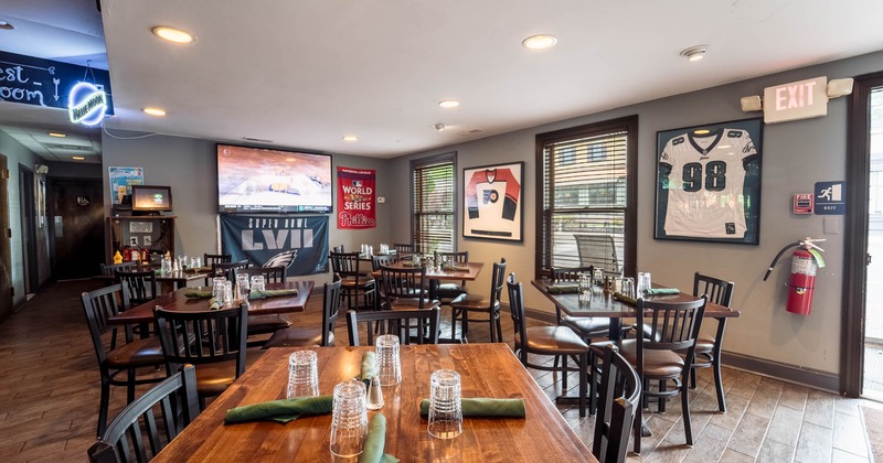 Interior, diner area, tables and chairs