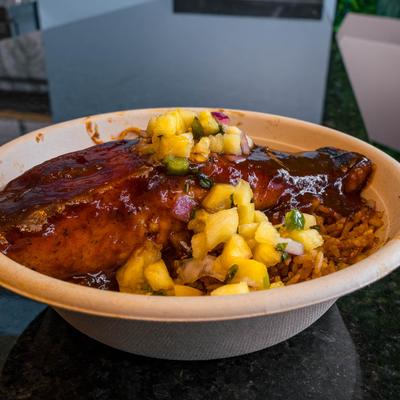 Jerk Salmon with Angry Sweet Glaze and Pineapple Mango Pico.