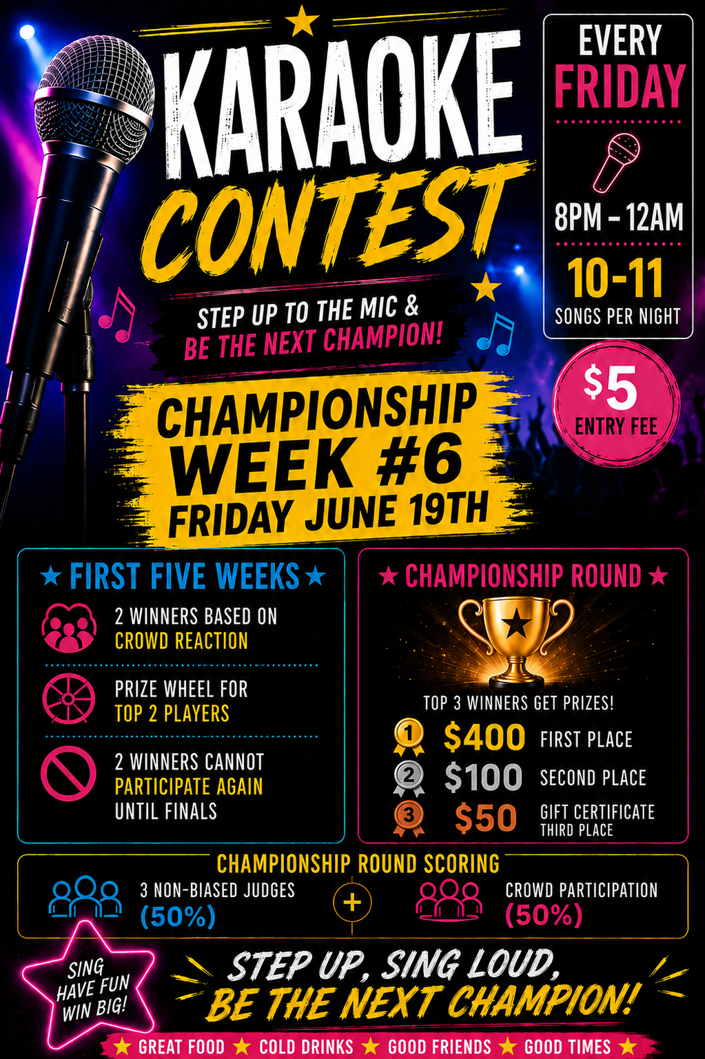 Karaoke Contest Championship Final is Friday June 19 at 8pm