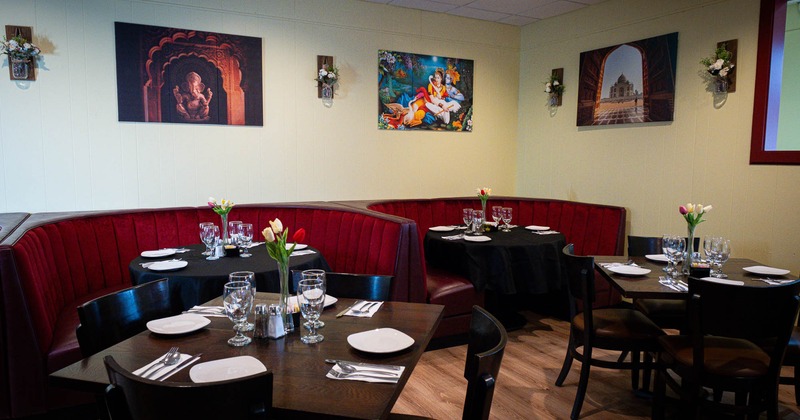 Interior, dining area with restaurant booths and tables