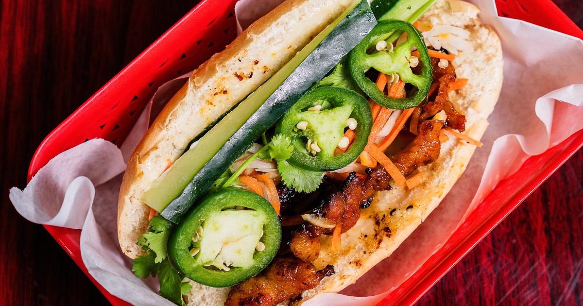 Pork Banh Mi sandwich with jalapenos