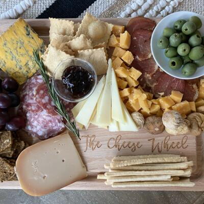 Charcuterie board with meats and cheeses.