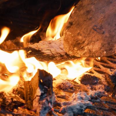 Close-up of firewood burning with flames and ash.