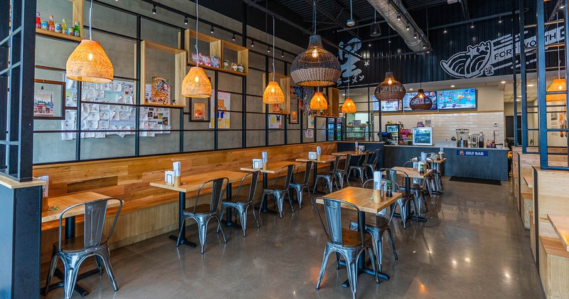 Interior, dining area with decoration on the wall