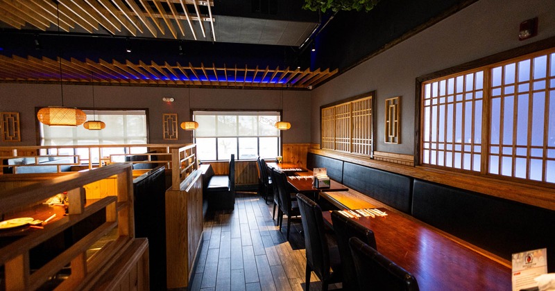 Interior, banquette seating, tables and chairs