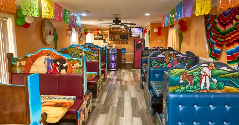 Interior seating area, colorful decoration