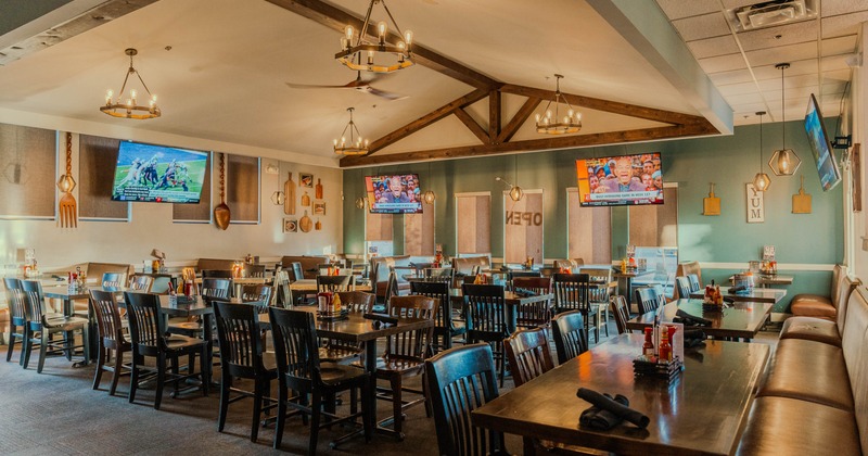 Interior, wide open view of a seating area