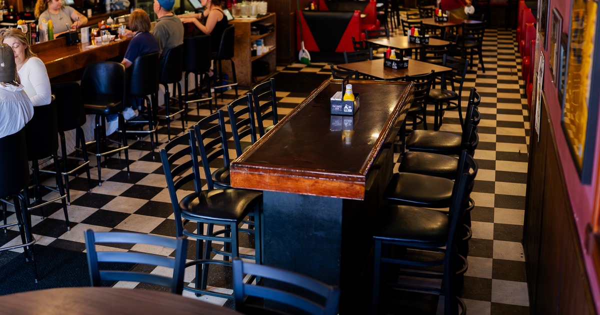 Bar tables, stools, bar behind