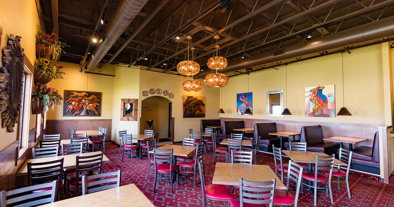 Interior, tables and chairs lined up
