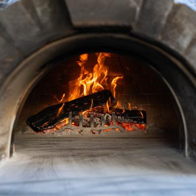 Wood-fired pizza oven with two logs in flames.