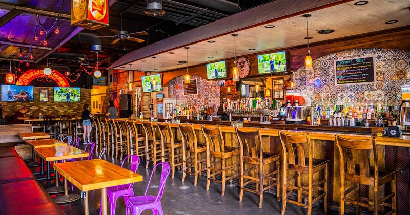 Interior, bar area with bar stools