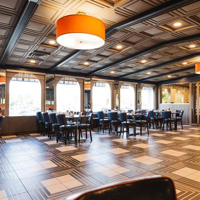 Interior, tables, chairs, windows, lighting, restaurant exit