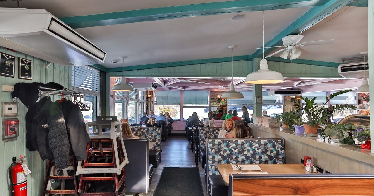 Dining area with colorful booths