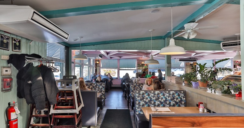 Dining area with colorful booths