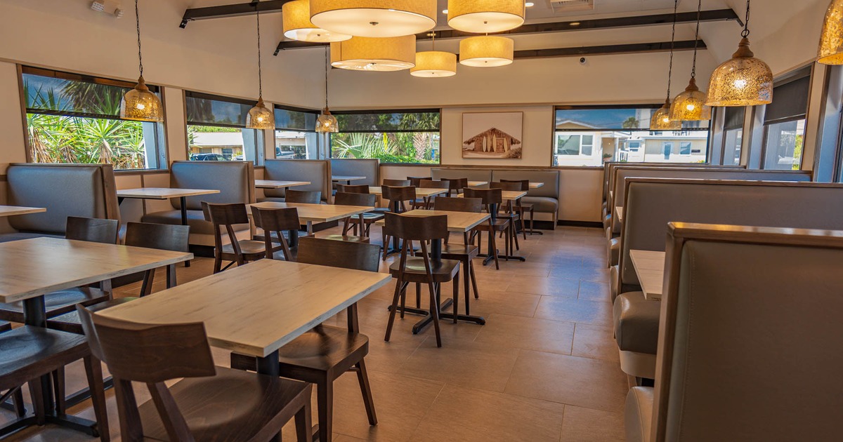 Interior, tables, chairs and seating booths