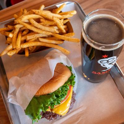 Burger and beer, top view