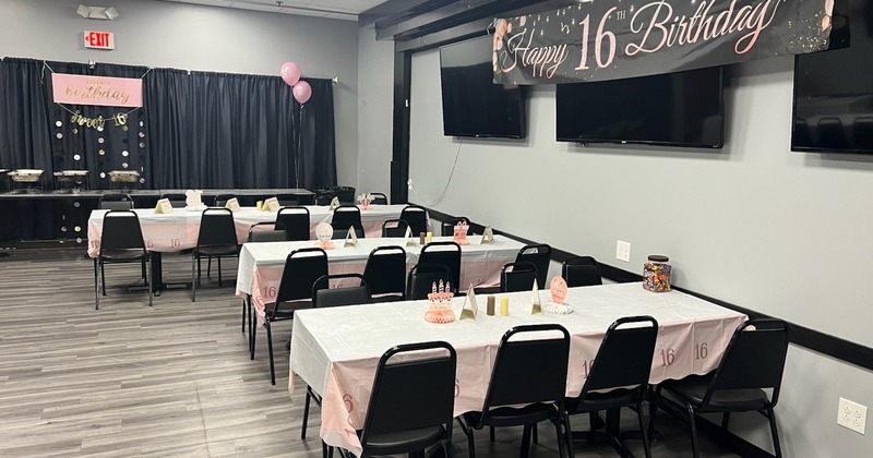 Birthday party room with pink decor for a 16th birthday celebration