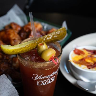Bloody Mary with pickle and olives.