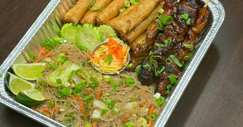 Fiesta Tray with pancit lumpia and bbq sticks