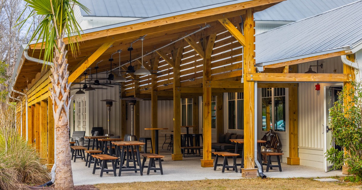 The outdoor, covered seating area