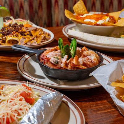 Various meals served on the table, angled view.