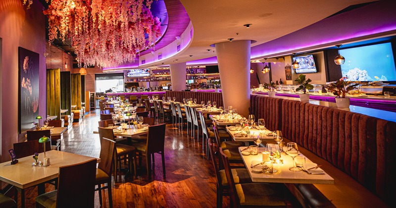 Restaurant interior, dining area with set tables