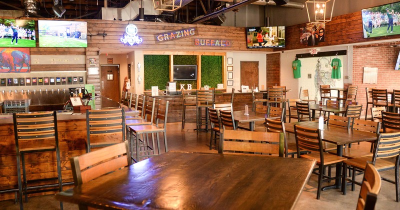 Interior, seating area with bar on the left