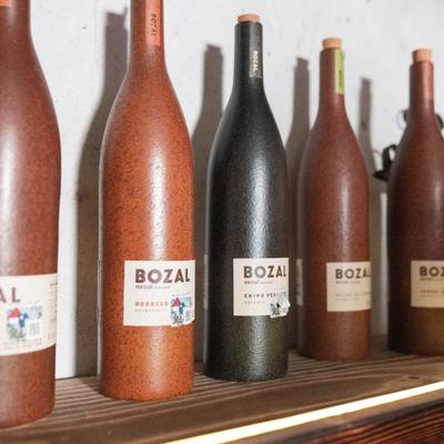 Elegant bottles of traditional Oaxacan mezcal on a wooden shelf.