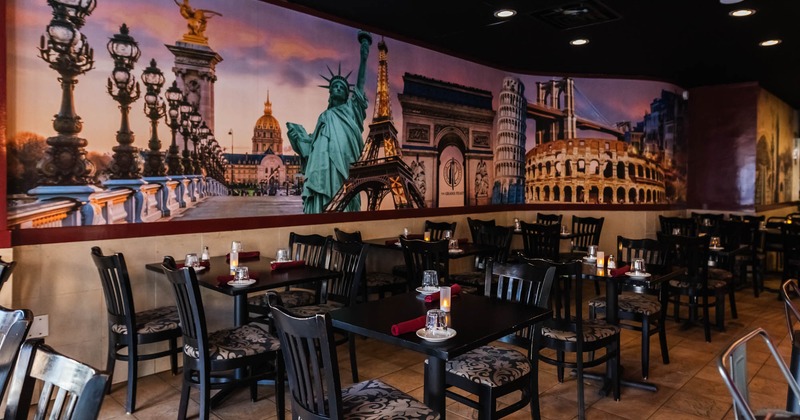 Interior, seating area with tables and chairs