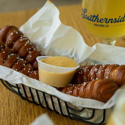 Turnbuckle Pretzel Sticks served with cheese dip